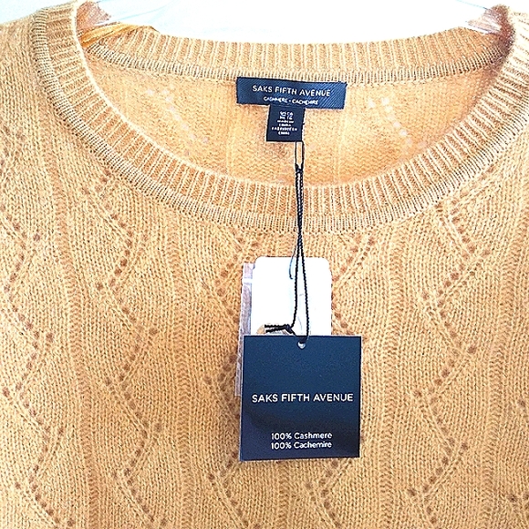 NWT Saks Fifth Ave 100% Cashmere pointelle yellow sweater - xl - Picture 4 of 4